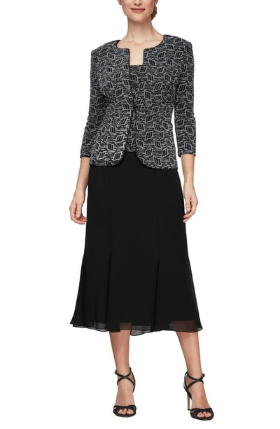 Alex Evenings Plus Size Metallic-knit Jacket & Dress Set In Black White