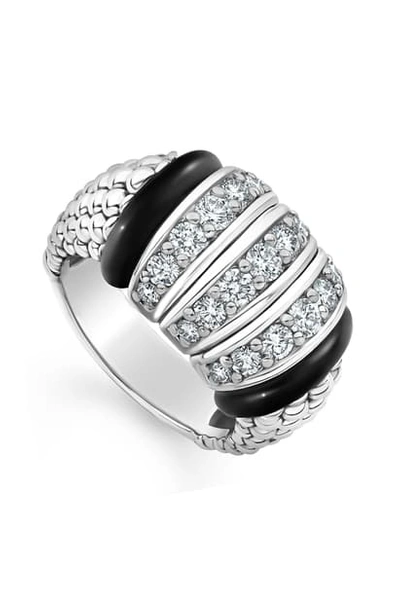 Lagos Sterling Silver Black Caviar Diamond & Black Ceramic Statement Ring