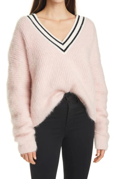 Tanya Taylor Millie Stripe Trim Fuzzy Sweater In Opal Pink