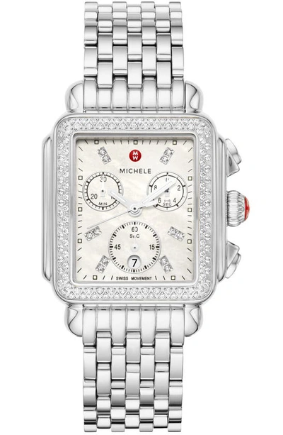 Michele Deco Diamond Chronograph Bracelet Watch, 33mm In Silver