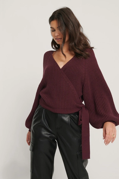 Na-kd Reborn Balloon Sleeve Overlap Knitted Sweater - Burgundy In Red