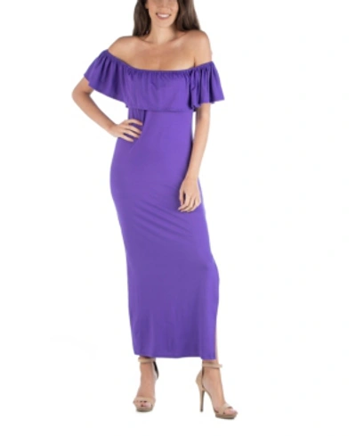 24seven Comfort Apparel Off Shoulder Ruffle Detail Maternity Maxi Dress In Purple