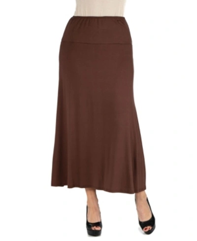 24seven Comfort Apparel Women Elastic Waist Solid Color Maxi Skirt In Brown