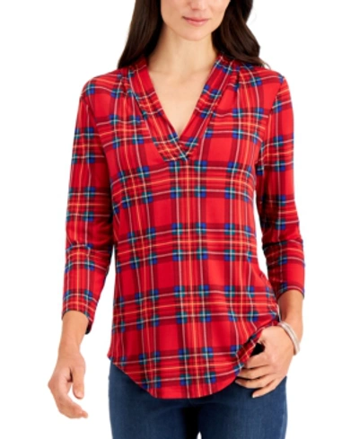 Charter Club Plaid Pleated V-neck Top, Created For Macy's In Ravishing Red Combo