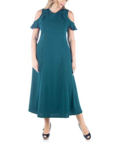 24seven Comfort Apparel Plus Size Ruffle Cold Shoulder A Line Maxi Dress In Green