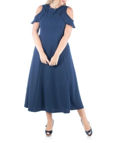 24seven Comfort Apparel Plus Size Ruffle Cold Shoulder A Line Maxi Dress In Navy