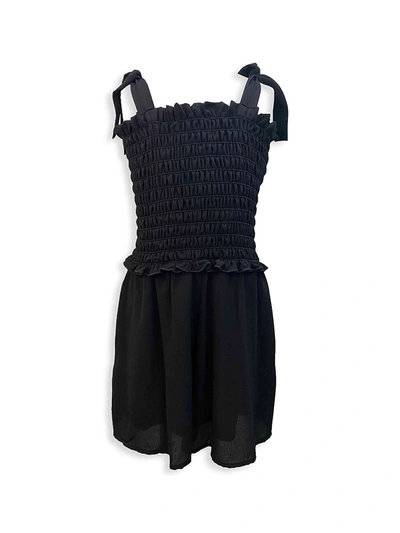 Un Deux Trois Kids' Girl's Smocked Romper W/ Knotted Straps In Black