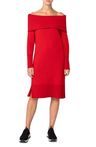 Akris Punto Off-the-shoulder Rib Knit Wool-cashmere Dress In Red