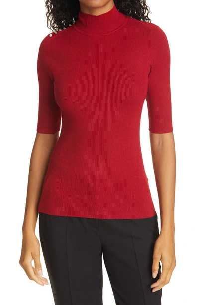 Ted Baker Tansiey Button Detail Ribbed Mock Neck Sweater In Red