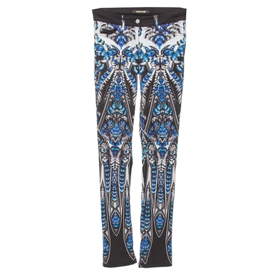 Pre-owned Roberto Cavalli Blue Cotton Printed Flared Bottom Jeans S