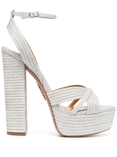 Aquazzura Sundance 140 Metallic Vegan Leather Platform Sandals In Silver