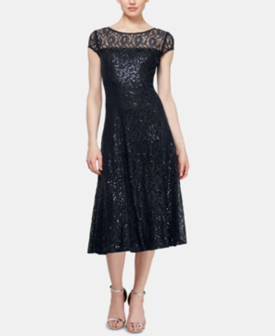 SL FASHIONS SEQUINED LACE MIDI DRESS
