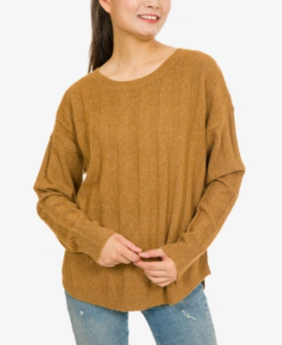 Pink Rose Hippie Rose Juniors' Ribbed Lace-up Sweater In Caramel