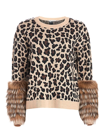 Alice And Olivia Women's Sheila Leopard Silver Fox Fur-cuff Stretch-wool Sweater In Leopard Natural