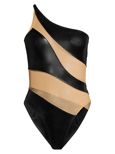Norma Kamali Snake Mesh One-shoulder One-piece Swimsuit In Black Foil