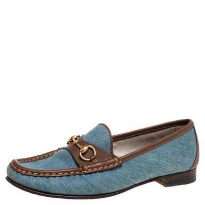 Pre-owned Gucci Blue/brown Denim Fabric And Leather Horsebit Loafers Size 37.5