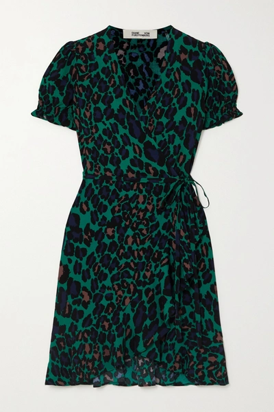 Diane Von Furstenberg Emilia Ruffled Leopard-print Crepe Mini Wrap Dress In  Autumn Leopard Emerald | ModeSens