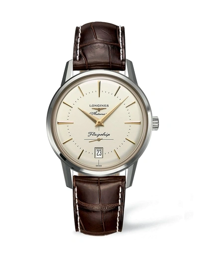 Longines Flagship Heritage Automatic Leather Strap Watch, 38.5mm In Brown/ Silver