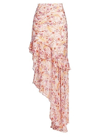 Amur Emelia Asymmetrical Ruffle Silk Maxi Skirt In Orchid Hush Rosa Floral