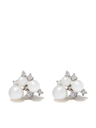 Yoko London 18kt White Gold Trend Freshwater Pearl And Diamond Stud Earrings In Silver