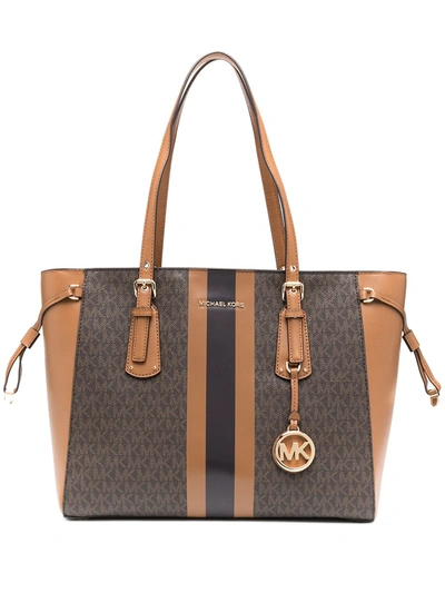 Michael Michael Kors Medium Voyager Logo Stripe Tote Bag In Brown