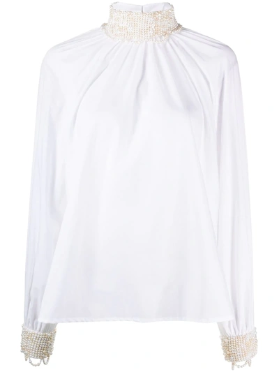 Wandering Pearl Embellished High-neck Blouse In White