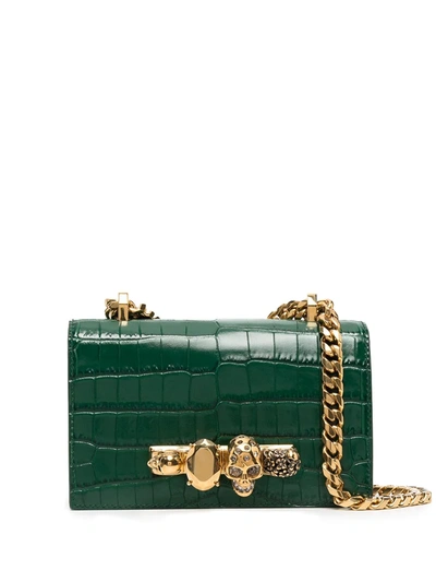 Alexander Mcqueen Mini Croc-embossed Jewelled Leather Satchel In Green