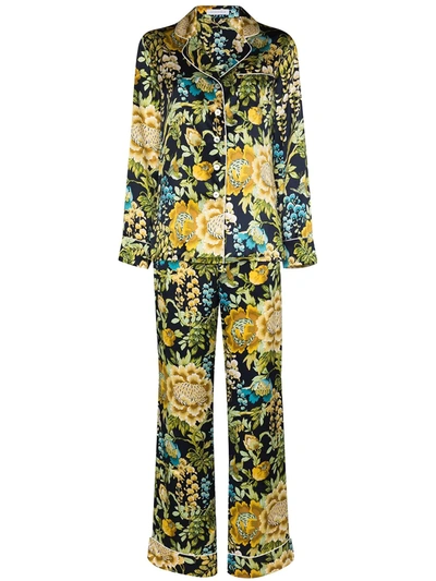 Olivia Von Halle Lila Debauchery Floral Print Silk Pyjamas In Navy