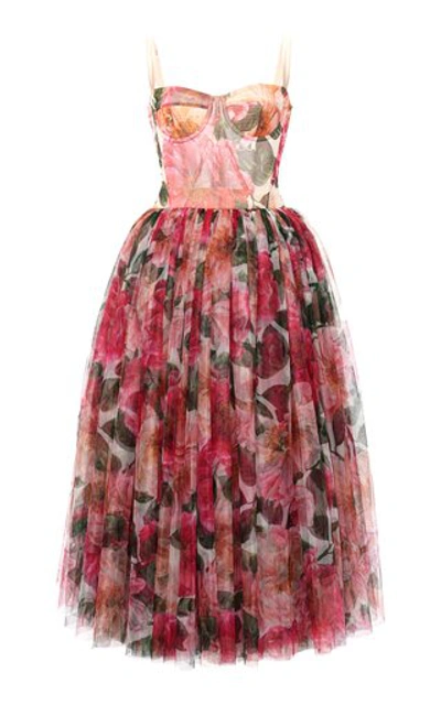 Dolce & Gabbana Women's Camellia-print Tulle Bustier Midi Dress In Multicolor
