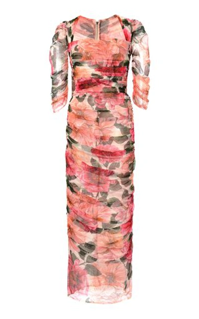 Dolce & Gabbana Women's Ruched Camellia-print Cotton Midi Dress In Camelie Rosa Fdo Nat (pink)