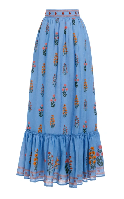 Agua By Agua Bendita Algodon Floral-embroidered Linen Maxi Skirt In Blue