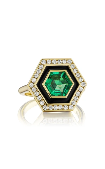 Andrew Glassford Women's Museum Enameled 18k Yellow Gold Emerald; Diamond Ring In Green