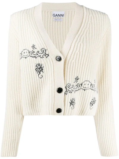 Ganni Smiling Face-embroidered Wool-blend Cardigan In Weiss