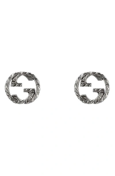 Gucci Stud Earrings With Interlocking G Motif In Aged Sterling Silver In Silver-tone