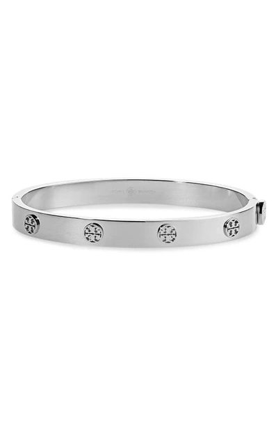 Tory Burch Miller Logo-charm Bangle Bracelet In Tory Silver