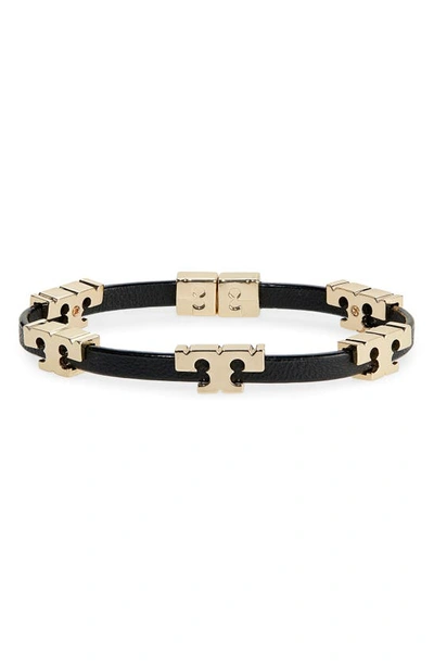 Tory Burch Serif-t 18kt Gold-plated Stackable Leather Bracelet In Black