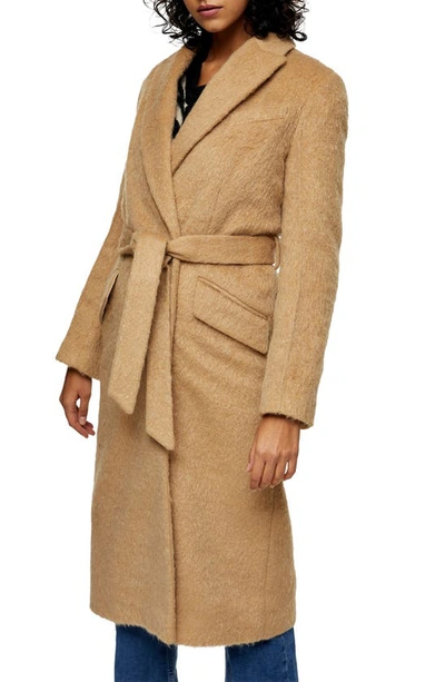 Topshop Belted Wool Coat In Camel-brown