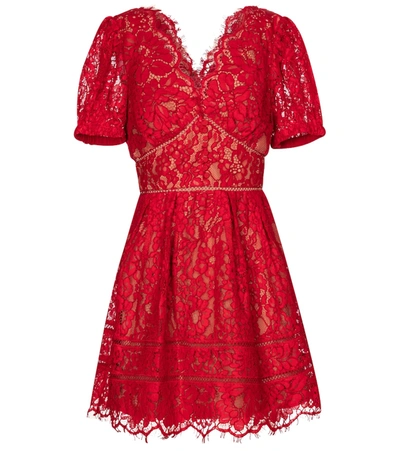 Self-portrait Crochet-trimmed Cotton-blend Corded Lace Mini Dress In Red