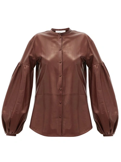 Jil Sander Leather Shirt W/ Balloon Sleeves In Brown