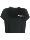 Balmain Cropped Cotton T-shirt With Small Flocked Logo In Black
