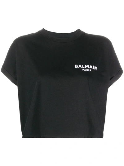 Balmain 黑色短款植绒徽标 T 恤 In Black