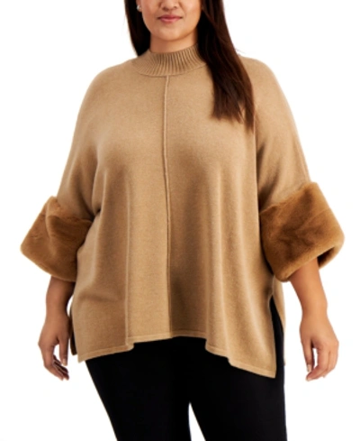 Alfani Plus Size Faux-fur-cuff Poncho Sweater, Created For Macy's In Hazelnut Heather