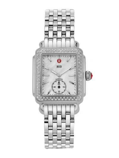 Michele Deco 16 Diamond, Mother-of-pearl & Stainless Steel Bracelet Watch In Silver