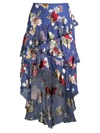 Alice And Olivia Women's Mariel Floral Asymmetric Tiered Ruffle High-low Midi Skirt In Colorful Bouquet Riviera