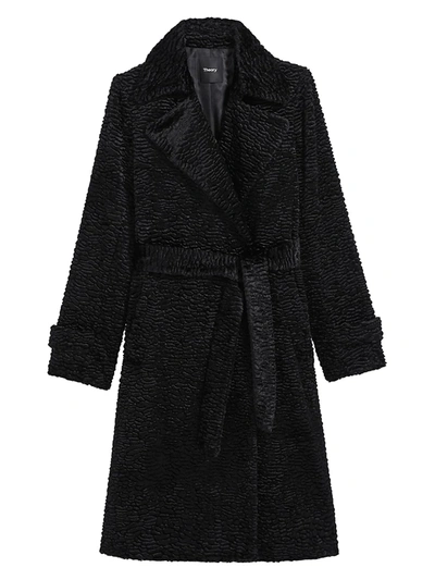 Theory Oaklane Faux Fur Tie-waist Trench Coat In Black