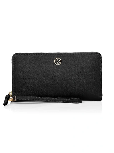 Tory Burch Robinson Zip Leather Continental Wallet In Black