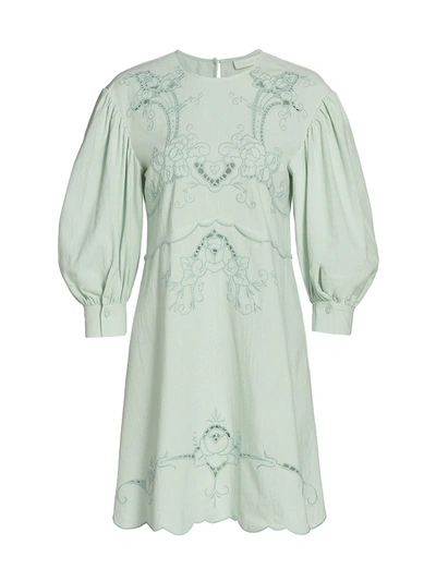 See By Chloé Floral-embroidered Puff-sleeve Cotton Dress In Blue