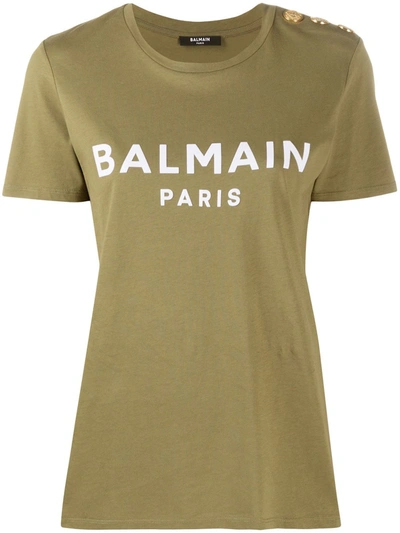 Balmain Button-detail Flocked Logo T-shirt In Green