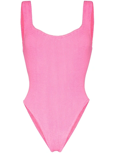 Hunza G Square Neck Crinkle One Piece Swimsuit In Pink