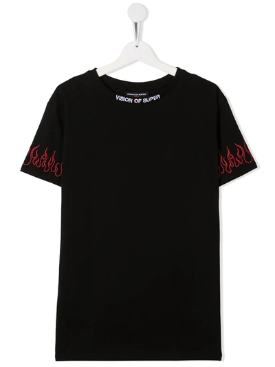 Vision Of Super Teen Flame Embroidered Cotton T-shirt In Black